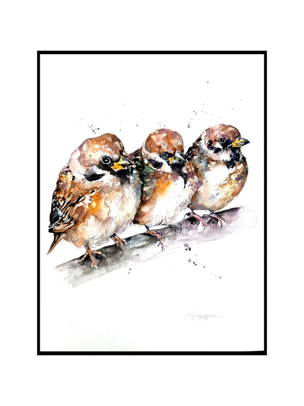 Vrăbiuțe de Câmp (Passer montanus) - Tablou, Pictura Originala în Acuarela - Birds Collection