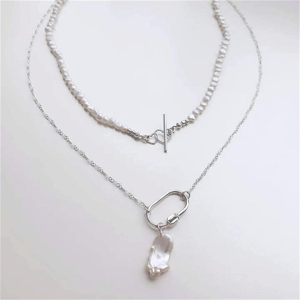 Colier argint si perle naturale  | Double Heart |