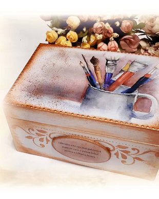 Cufar din lemn, cadou profesor desen/arte, 20x15x7 cm