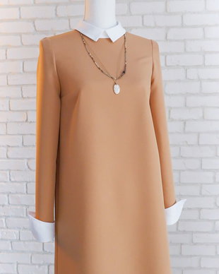 Rochie Bej cu Guler Alb de Camasa