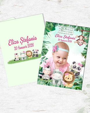 Invitatie botez Safari model de fata, cu animalute