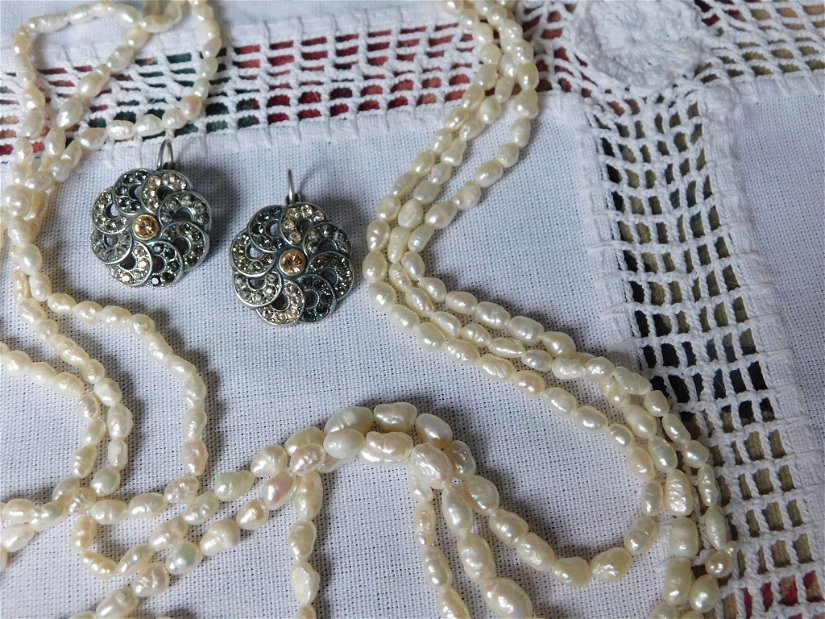 Colier nou triplu sir  perle  naturale  , inchizatoare superba ,   cercei   Israel lucrati manual