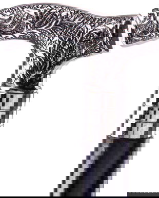 Baston din lemn masiv cu maner argintiu