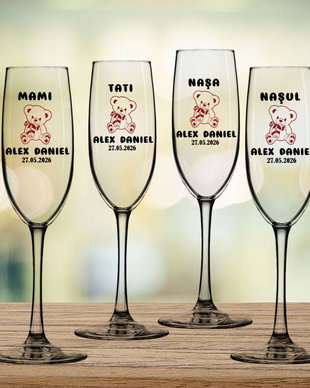 Pahare botez model ursulet, set 4 bucati