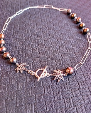 Colier argint perle naturale de cultura lant argint toggle frunze argint asimetric accent vintage romantic inchidere frontala -Transport gratuit