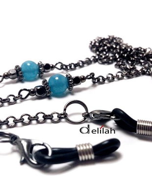 Lantisor negru pentru ochelari si aquamarin
