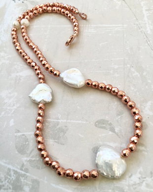 Colier CHOKER hematite rose gold & perle albe baroc