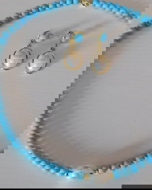 Colier nou  turcoaze   cu perla naturala ,   cercei  turcoaze  vintage    asortati