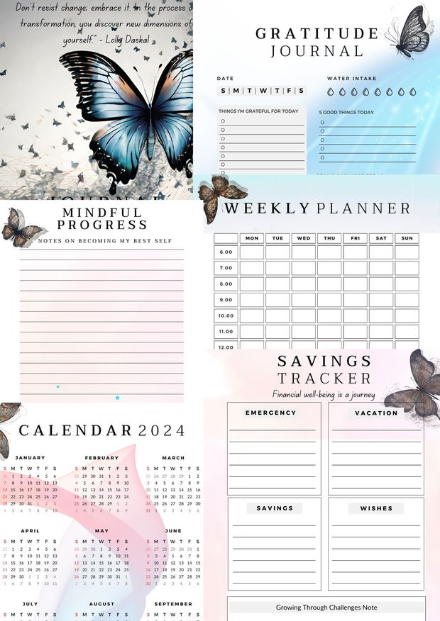 2024 Calendar Printabil, Printable Journal, Printable Resolution Tracker, Weekly Daily Planner , Gratitude Journal, Butterfly Theme Journey Planner