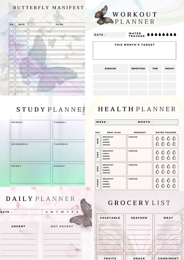 2024 Calendar Printabil, Printable Journal, Printable Resolution Tracker, Weekly Daily Planner , Gratitude Journal, Butterfly Theme Journey Planner