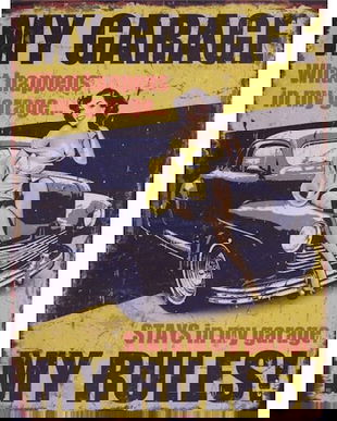 Decoratiune metalica cu o reclama la un garaj