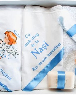 Trusou botez cu 6 piese imprimat albastru