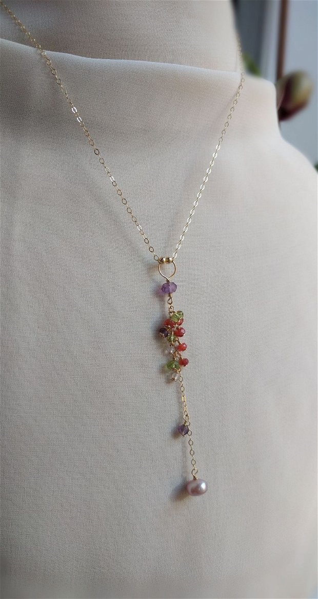 Fairy dust - Lantisor  aur filat cu perle blush si safir natural. Lant safir roz. Cadouri pentru ea, Bijuterii fine