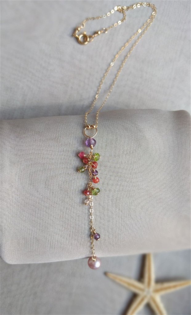 Fairy dust - Lantisor  aur filat cu perle blush si safir natural. Lant safir roz. Cadouri pentru ea, Bijuterii fine