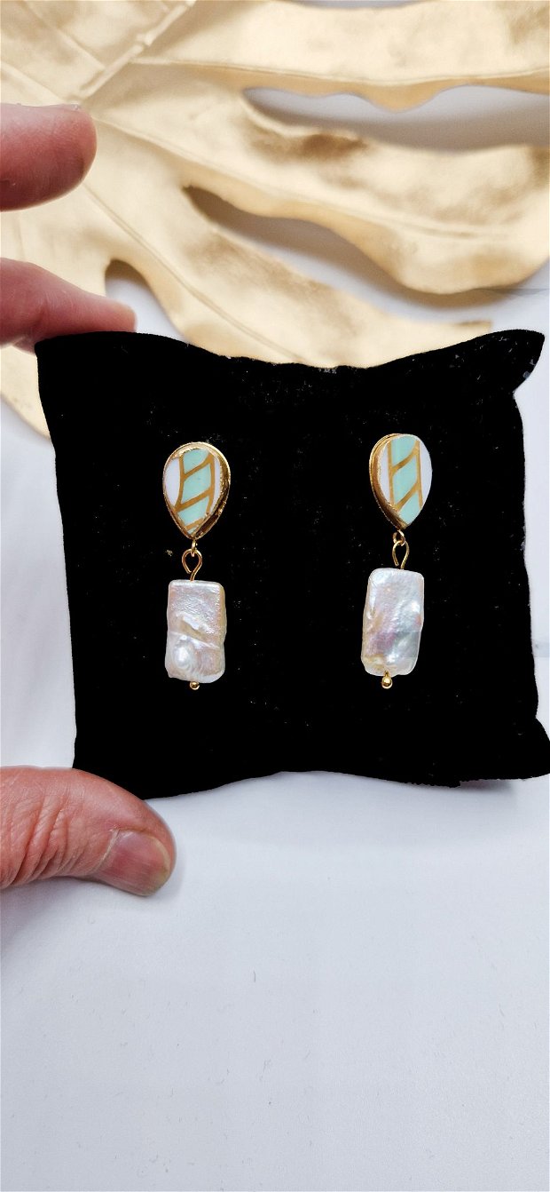 Cercei din inox si fragmente de portelan "Turquoise Drop" cu perla naturala Keshi