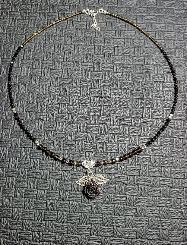 Colier argint obsidian spinel floare cuart fumuriu charm argint minimalist romantic boho chic trendy - Transport gratuit