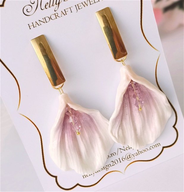 Cercei petale alb/ lila/ accesorii inox auriu * Handmade Polymer Clay Earrings