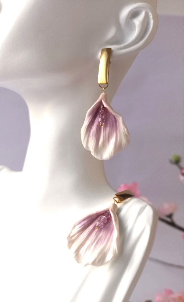 Cercei petale alb/ lila/ accesorii inox auriu * Handmade Polymer Clay Earrings