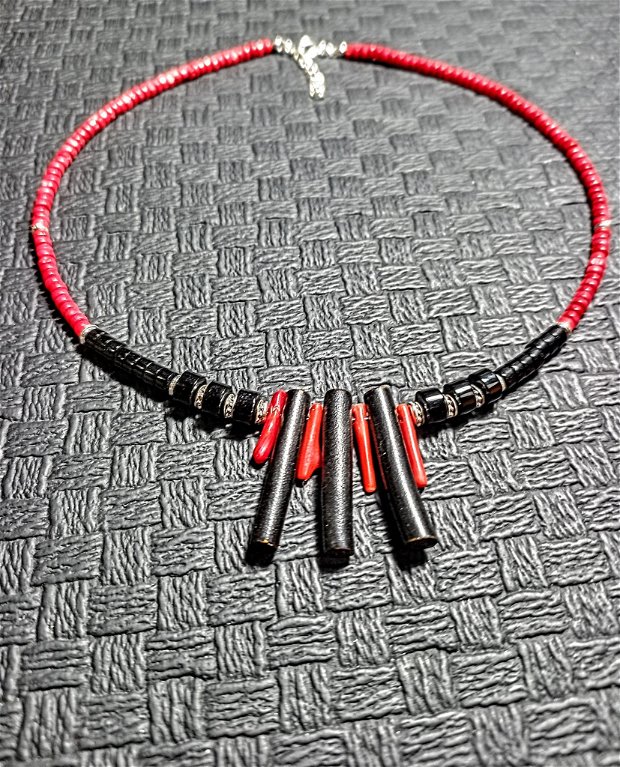 Colier argint coral negru rosu onix heishi tribal boho chic surfer necklace - Transport gratuit