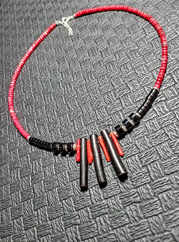Colier argint coral negru rosu onix heishi tribal boho chic surfer necklace - Transport gratuit