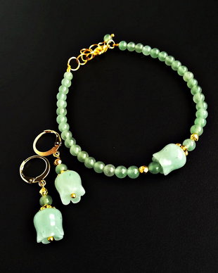 set cu lalele aventurin verde si accesorii placate cu aur