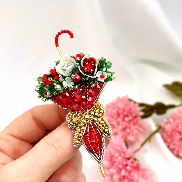 Rezervat Broșă Umbrela - Brosa Red Umbrella Flowers - Bow