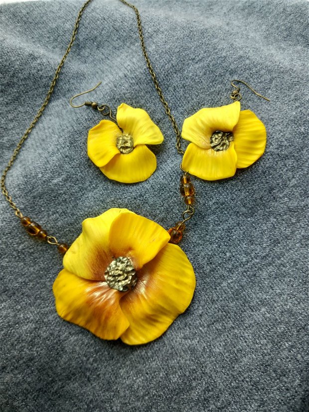 Flori galbene, set bijuterii din lut polimeric