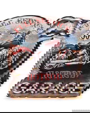 Decoratiune metalica cu o reclama la un garaj