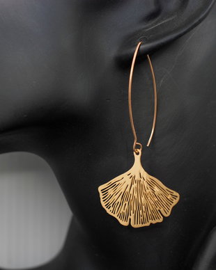 Cercei din inox rose gold frunze ginkgo biloba, cercei lungi, cercei statement, cercei handmade