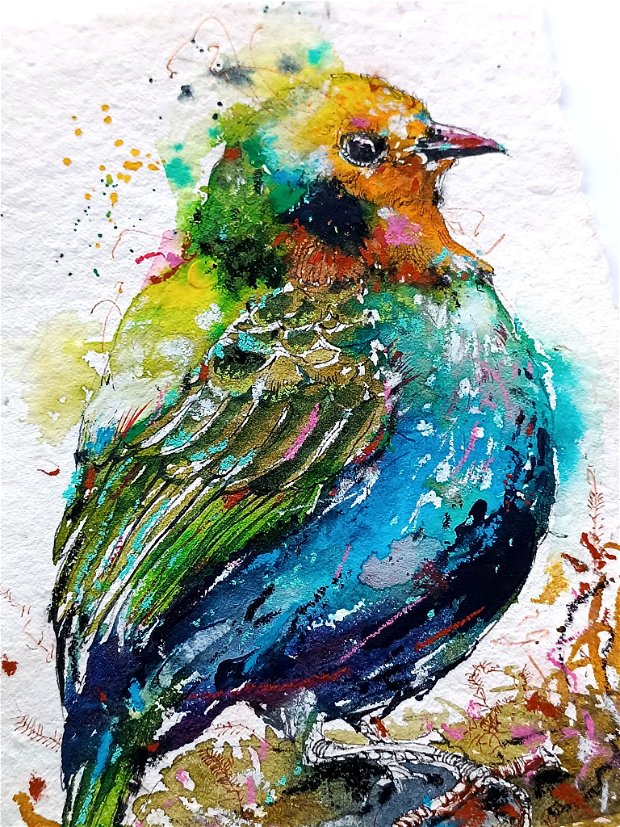 Colorful Spring BIRD - Tablou, Pictura Originală în Acuarelă - Birds Collection