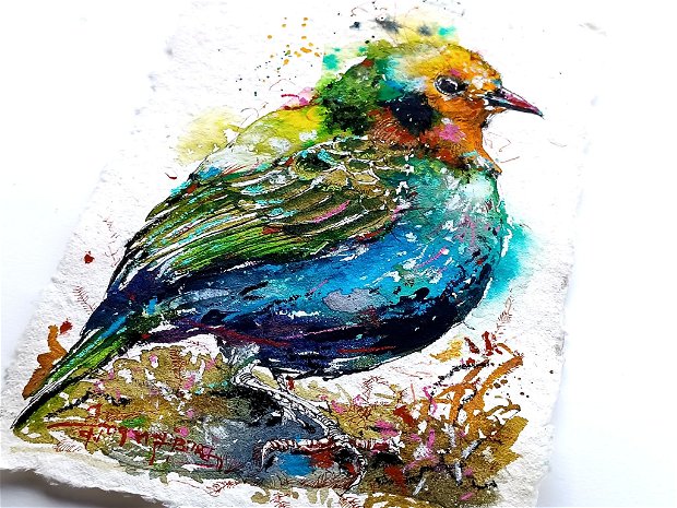 Colorful Spring BIRD - Tablou, Pictura Originală în Acuarelă - Birds Collection