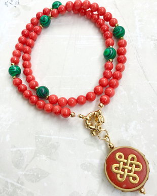 Colier MARTISOR / CRACIUN Nepalez coral rosu & malachit