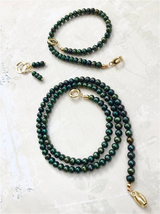 Set cadou perle de cultura verde inchis
