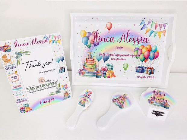 Set aniversar personalizat 1 anisor - Happy Birthday - Tavita turta si accesorii