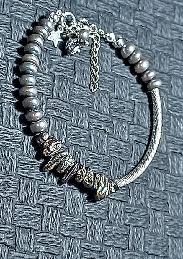 Bratara argint perle naturale de cultura keshi disc stea argint charm asimetrica boho chic trendy - Transport gratuit