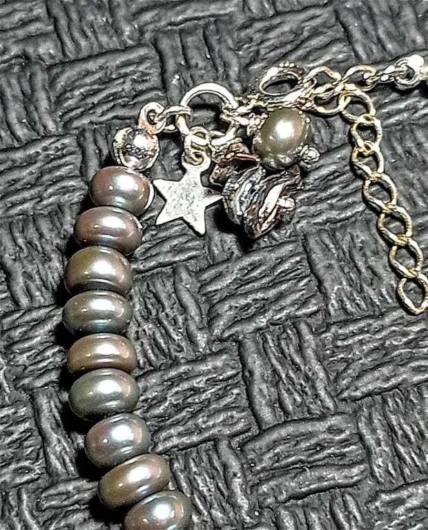 Bratara argint perle naturale de cultura keshi disc stea argint charm asimetrica boho chic trendy - Transport gratuit