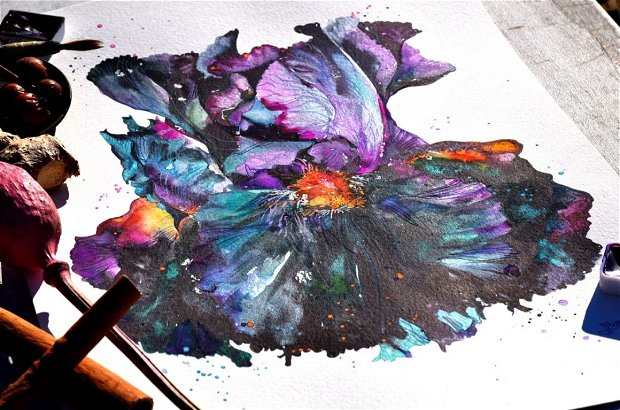 Iris Germanica Black Dragon - Pure Watercolor -Tablou, Pictura Originală în Acuarelă - Nature And Colors Collection