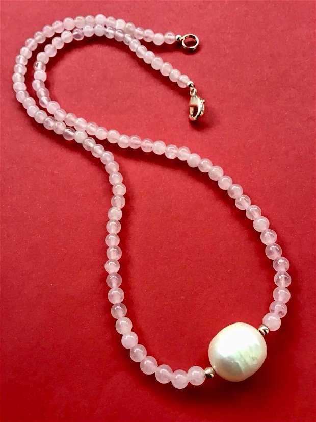 Colier CHOKER cuart roz & perla Baroc