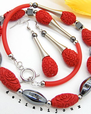 Set bijuterii handmade - hematit si cinabru (cod973)