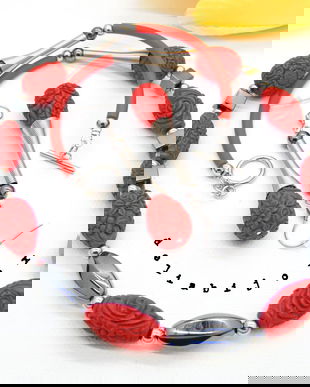 Set bijuterii handmade - hematit si cinabru (cod973)