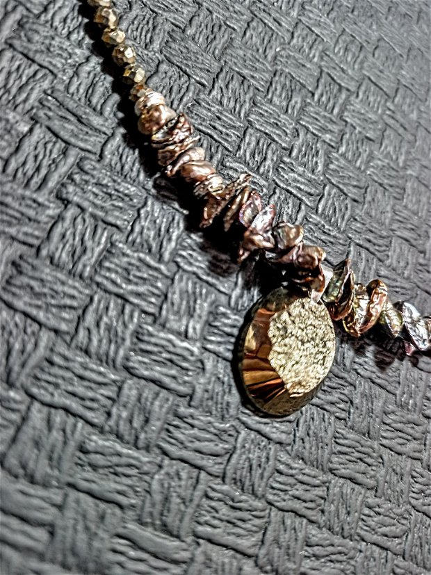 Colier argint perle naturale de cultura keshi pirita medalion pirita druzy boho chic trendy - Transport gratuit