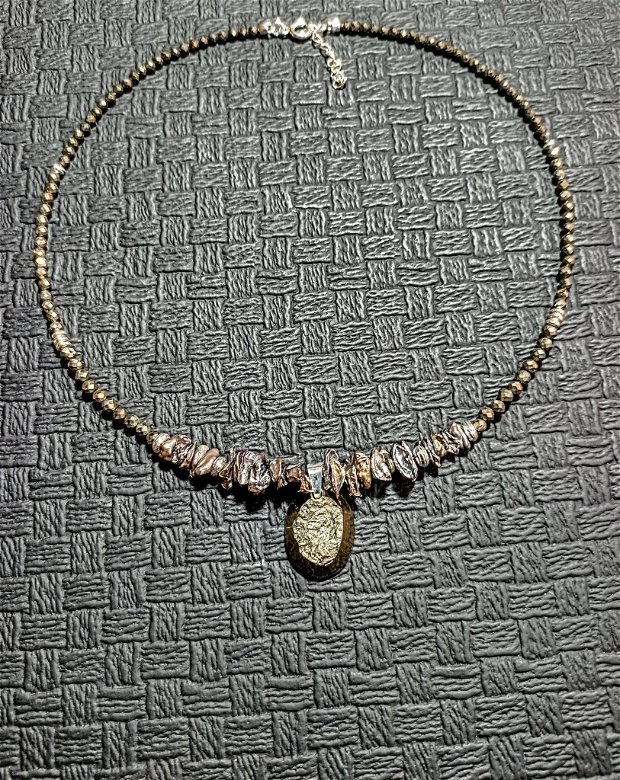 Colier argint perle naturale de cultura keshi pirita medalion pirita druzy boho chic trendy - Transport gratuit