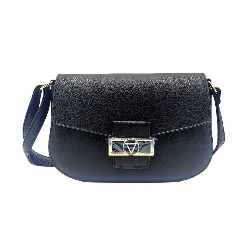 Geanta de tip crossbody neagra, cu fermoar si clapa cu inchidere magnetica