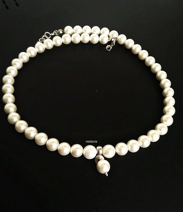 colier perle naturale seashell albe si argint