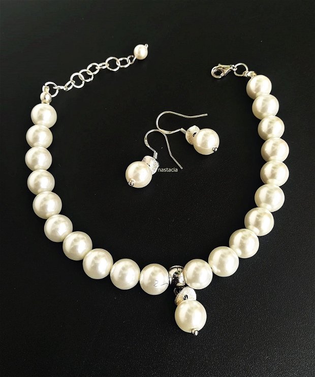 set perle naturale seashell albe si argint 925