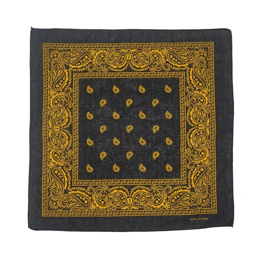Bandana/ batic patrat din bumbac cu imprimeu persan galben pe fond negru, 53 cm