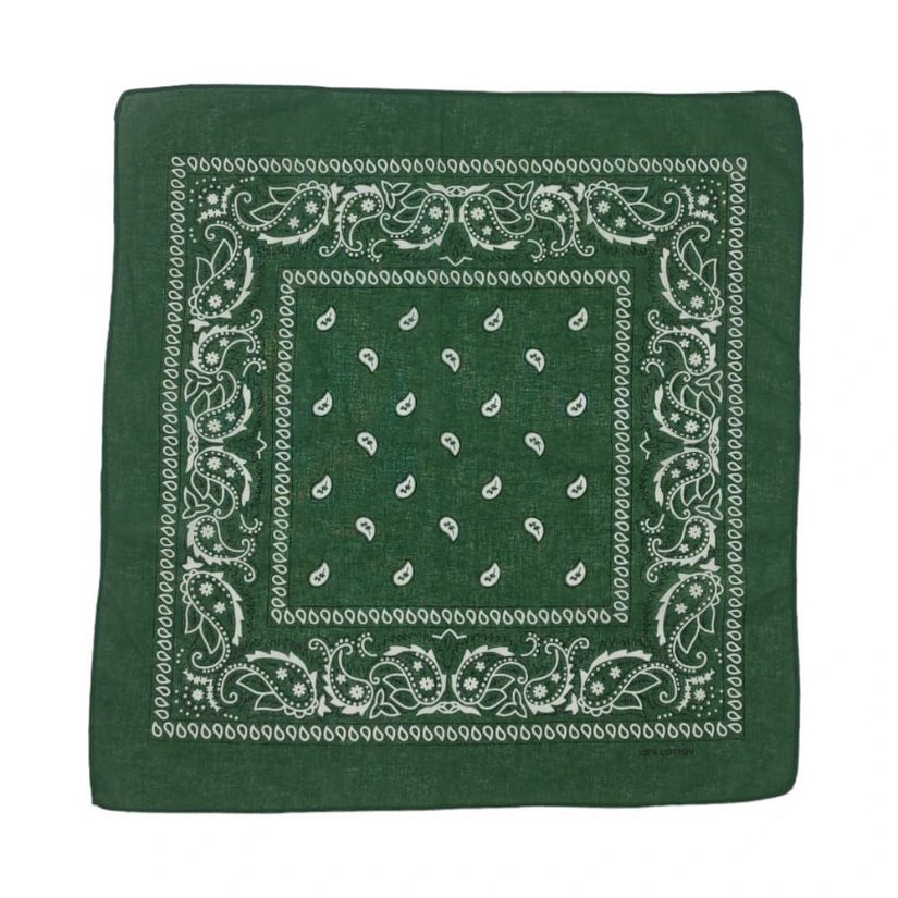 Bandana/ batic patrat din bumbac cu imprimeu persan alb pe fond verde inchis, 53 cm