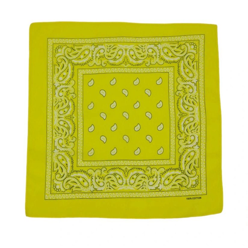 Bandana/ batic patrat din bumbac cu imprimeu persan alb pe fond galben neon, 53 cm