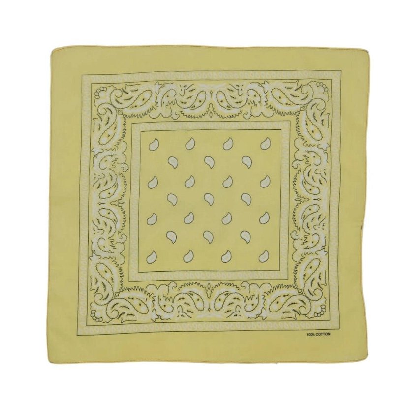 Bandana/ batic patrat din bumbac cu imprimeu persan alb pe fond galben pal,  53 cm