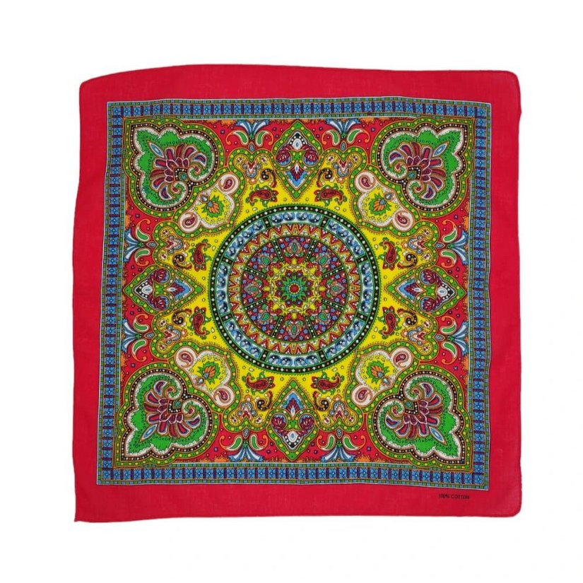 Bandana/ batic patrat din bumbac cu imprimeu persan in culori rosu, albastru, galben, verde, 53 cm